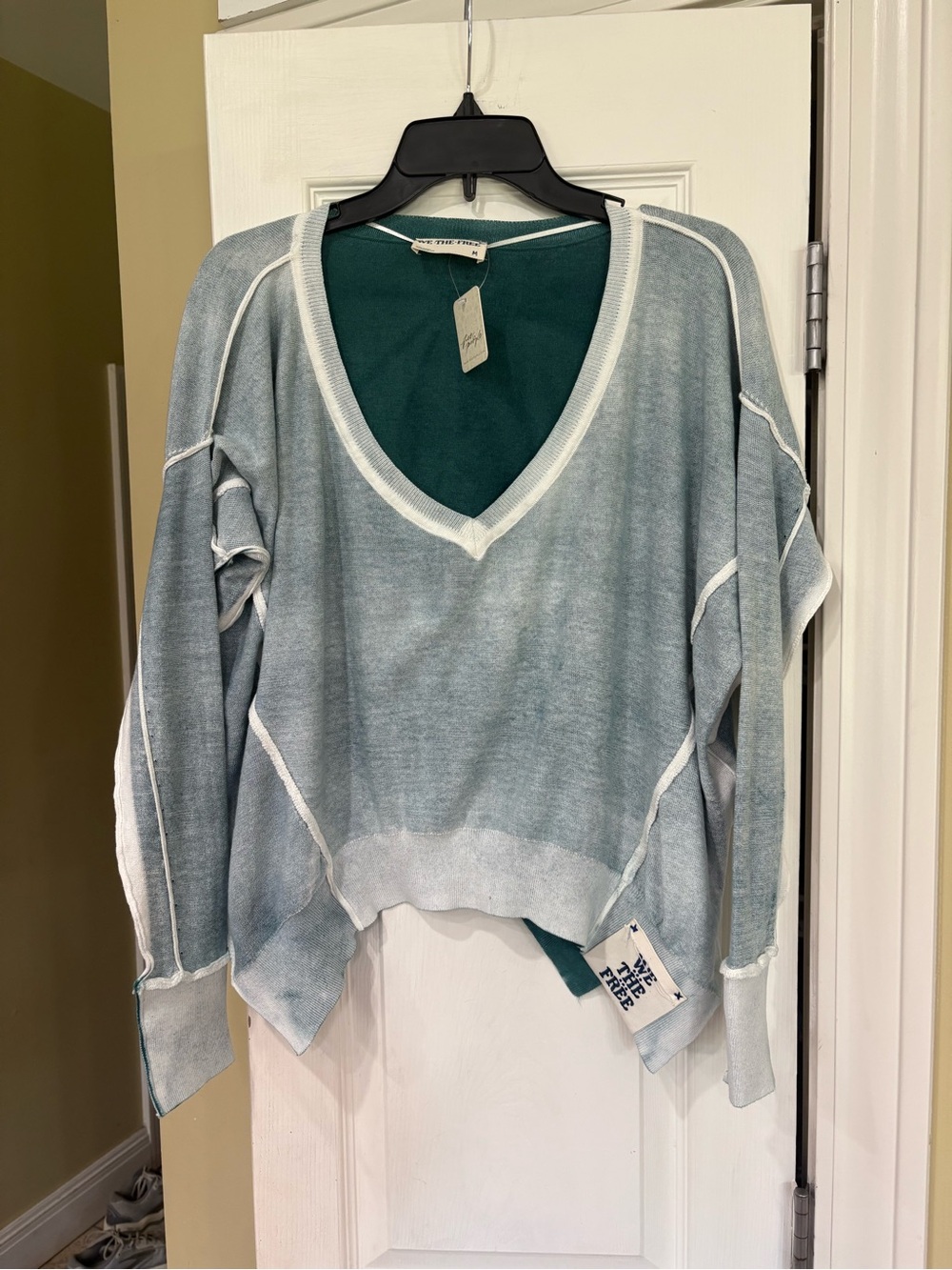 Free People Teal & White V-Neck Washed Pullover Sweater